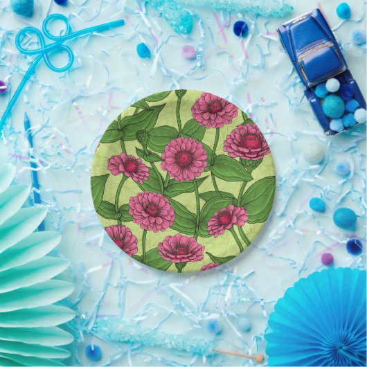Roze Zinnias op lichtgroen Papieren Bordje (Feest)