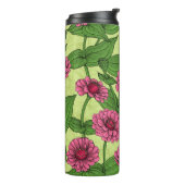 Roze Zinnias op lichtgroen Thermosbeker (Gedraaid links)