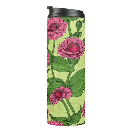 Roze Zinnias op lichtgroen Thermosbeker (Geroteerd rechts)