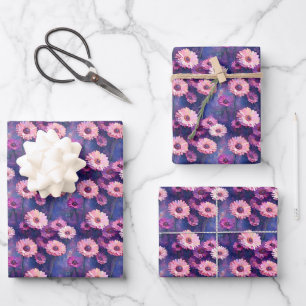 Roze Zinnias op Paars Inpakpapier Vel
