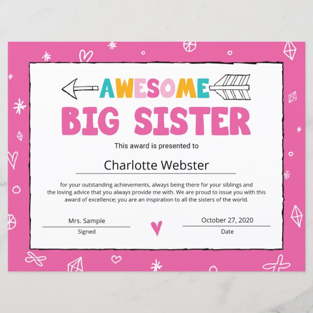 Roze zister Certificate Big Sister (Voorkant)