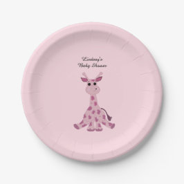 Roze Zittende Giraffe Baby Shower Papieren Bordje