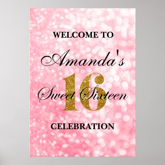 Roze, zoete 16 Gold Glitter Licht Welkomstwoord Po Poster (Voorkant)