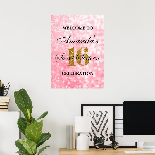 Roze, zoete 16 Gold Glitter Licht Welkomstwoord Po Poster (Thuiskantoor)