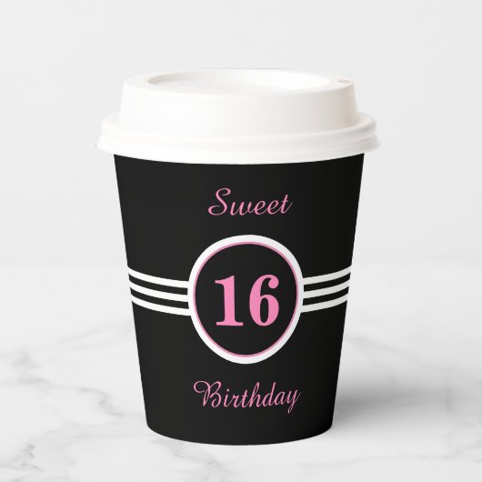 Roze zoete 16 op Black Birthday Party Papieren Bekers (Voorkant)