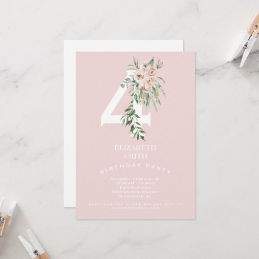 Roze zoete 4th Birthday Party Invitation Kaart (Voorkant / Achterkant in situ)
