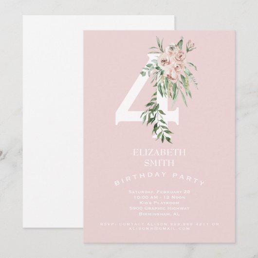 Roze zoete 4th Birthday Party Invitation Kaart (Voorkant / Achterkant)
