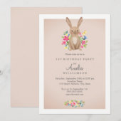 Roze Zoete Bloemige Konijn Eerste Verjaardagsuitno Kaart (Voorkant / Achterkant)