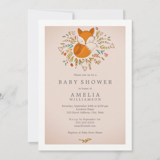 Roze zoete bosvos babyshower uitnodiging (Voorkant)