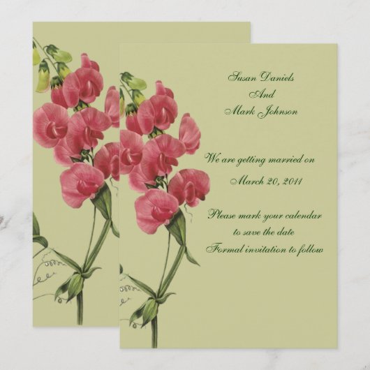 Roze Zoete Erwt Bloem Bruiloft Save The Date (Voorkant / Achterkant)