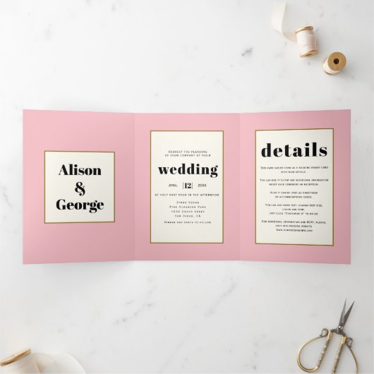 roze zoete erwt en initialen bloemenbruiloft drieluik uitnodiging (Binnen)