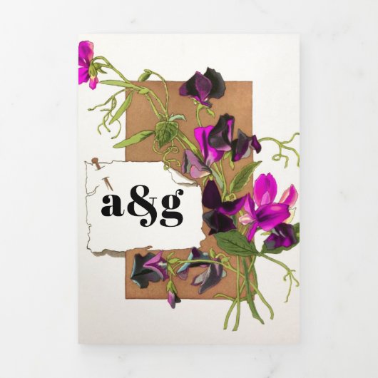 roze zoete erwt en initialen bloemenbruiloft drieluik uitnodiging (Cover)