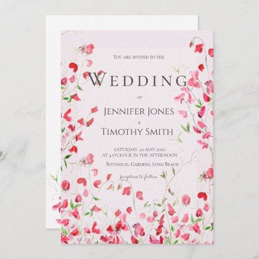 Roze zoete erwten aquarel 2 bruiloft uitnodiging (Voorkant / Achterkant)