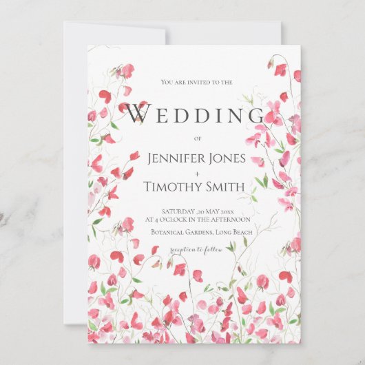 Roze zoete erwten aquarel huwelijksuitnodiging kaart (Voorkant)