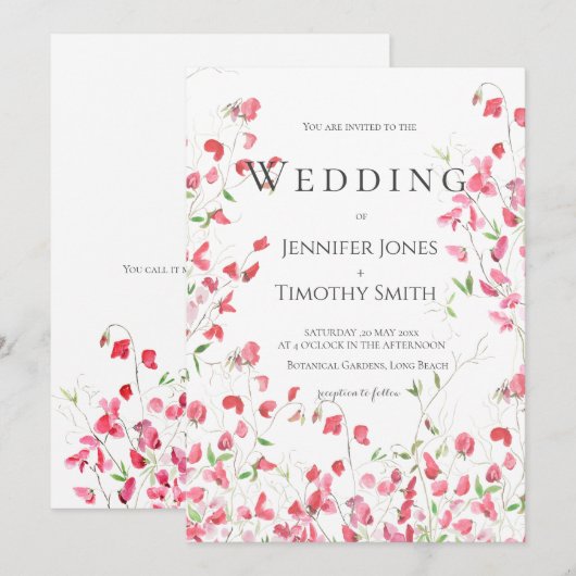 Roze zoete erwten aquarel huwelijksuitnodiging kaart (Voorkant / Achterkant)