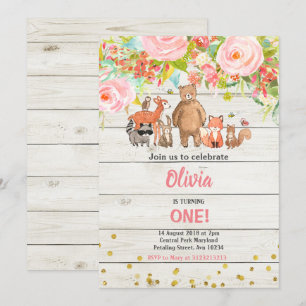 Roze zoete Rustic Woodland Animal 1st Birthday Kaart