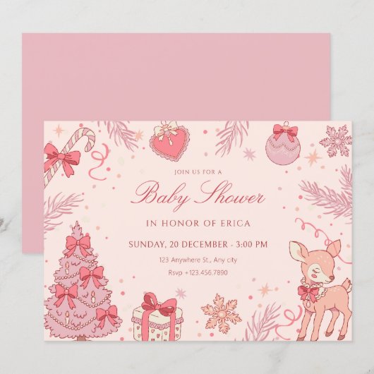 Roze zoete winter baby shower kaart (Voorkant / Achterkant)