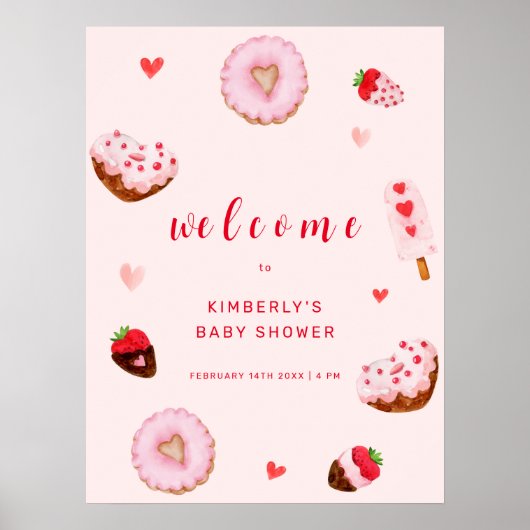 Roze Zoetehart Donuts Welkom Baby Shower Poster (Voorkant)