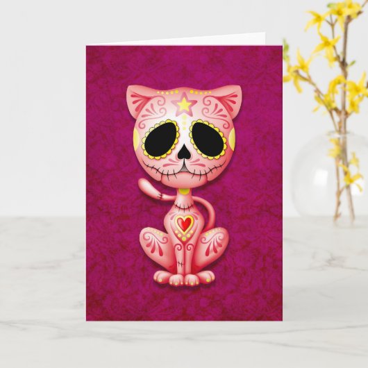 Roze Zombie Sugar Kitten Kaart (Gele Bloem)