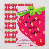 Roze zomer aardbei 1e verjaardag uitnodigingen (Voorkant / Achterkant)