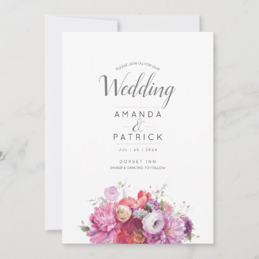 Roze Zomer Bloemen Waterverf Bruiloft Uitnodiging (Voorkant)