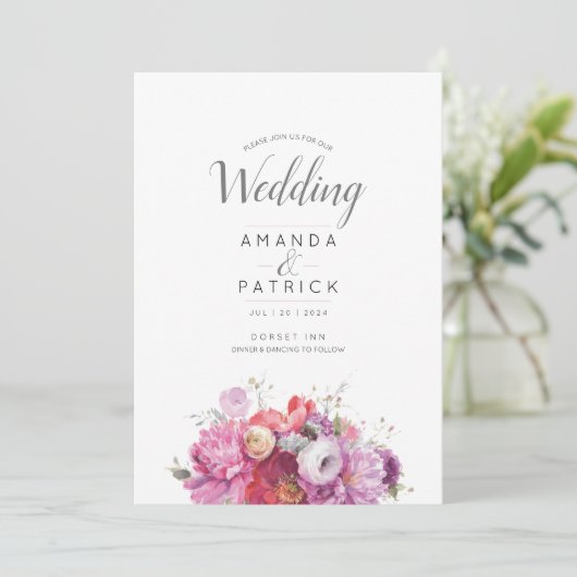 Roze Zomer Bloemen Waterverf Bruiloft Uitnodiging (Staand voorkant)