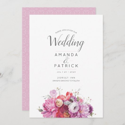 Roze Zomer Bloemen Waterverf Bruiloft Uitnodiging (Voorkant / Achterkant)