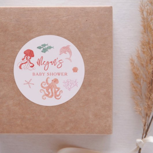 Roze Zomer Oceaan Baby shower Favor Ronde Sticker