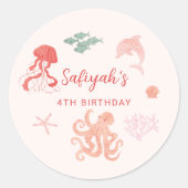 Roze Zomer Oceaan Verjaardagsfeestje Ronde Sticker (Voorkant)