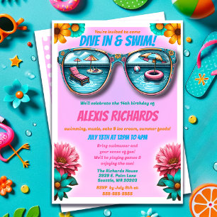Roze Zomer Splash Verjaardag Zwembad Party Uitnodi Kaart