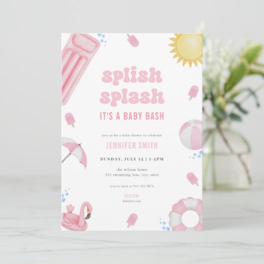 Roze Zomer Splish Splash Baby shower Invitation Kaart (Staand voorkant)