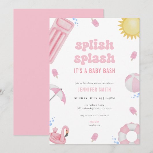 Roze Zomer Splish Splash Baby shower Invitation Kaart (Voorkant / Achterkant)