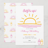 Roze Zomer Surfs Up Party Verjaardagsuitnodiging Kaart (Voorkant / Achterkant)