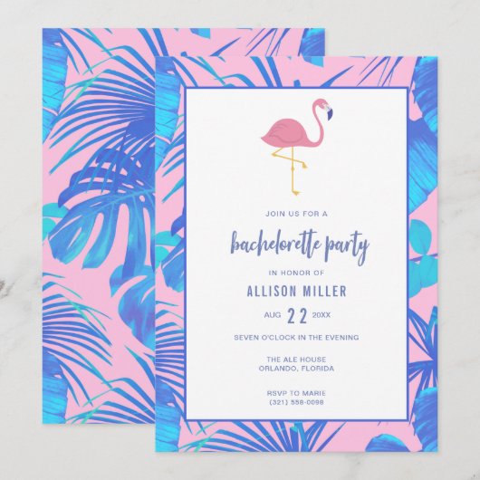 Roze Zomer Tropische Flamingo Bachelorette Party Kaart (Voorkant / Achterkant)