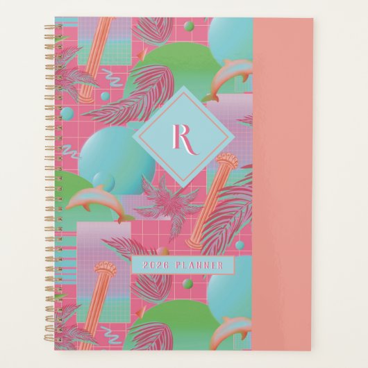 Roze Zomer Vaporwave Zonsondergang en Palmbomen Planner (Voorkant)