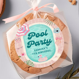 Roze zomer zwembadfeest verjaardagssticker ronde sticker