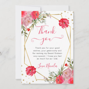 Roze zomerbloemen frame Sweet 16 Bedankkaart