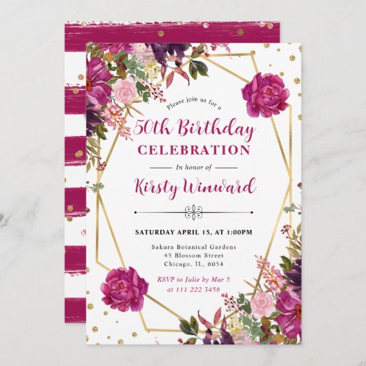 Roze Zomerbloemen Lijst 50ste Verjaardag Kaart (Voorkant / Achterkant)