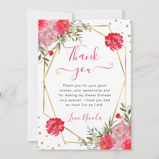 Roze Zomerbloemen Lijst Sweet 16 Bedankkaart (Voorkant)