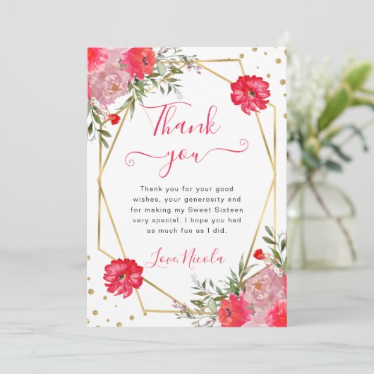 Roze Zomerbloemen Lijst Sweet 16 Bedankkaart (Staand voorkant)