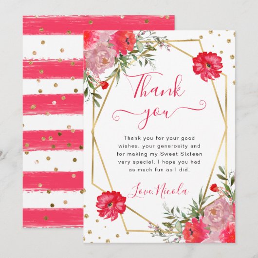 Roze Zomerbloemen Lijst Sweet 16 Bedankkaart (Voorkant / Achterkant)