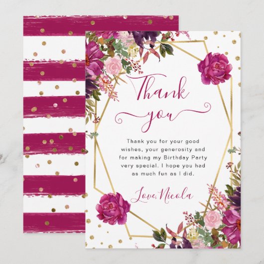 Roze Zomerbloemen Lijst Verjaardag Bedankkaart (Voorkant / Achterkant)