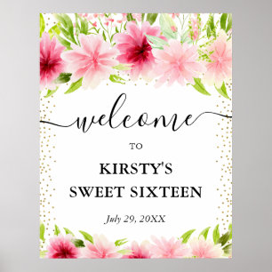 Roze zomerbloemen Sweet Sixteen welkom Poster