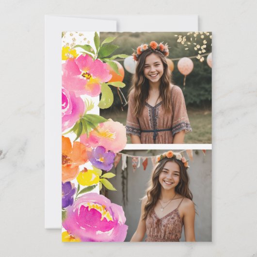 Roze zomerbloemen waterverf foto's Quinceanera Kaart (Achterkant)