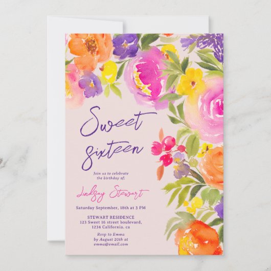 Roze zomerbloemen waterverf foto's Sweet 16 Kaart (Voorkant)