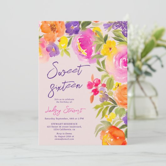 Roze zomerbloemen waterverf foto's Sweet 16 Kaart (Staand voorkant)