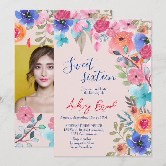 Roze zomerbloemen waterverf foto's Sweet 16 Kaart (Voorkant / Achterkant)