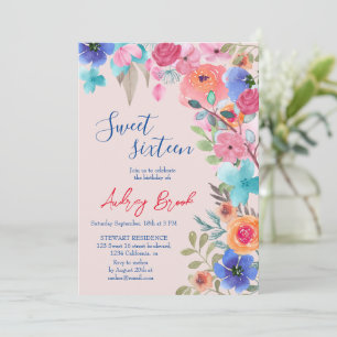 Roze zomerbloemen waterverf foto's Sweet 16 Kaart