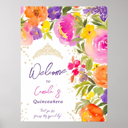 Roze zomerbloemen waterverf Quinceanera welkom Poster (Voorkant)