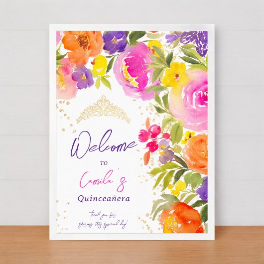 Roze zomerbloemen waterverf Quinceanera welkom Poster